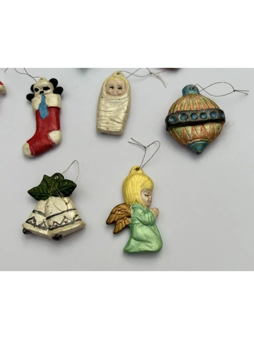 Vintage Handpainted Mini Ceramic Christmas Tree Ornaments Set of 12 Holiday